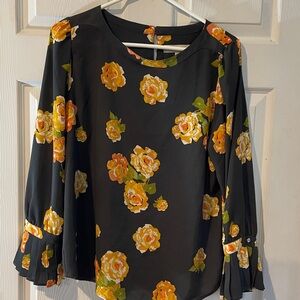 LOFT Size LP Gray Blouse with Yellow and Orange Floral Design